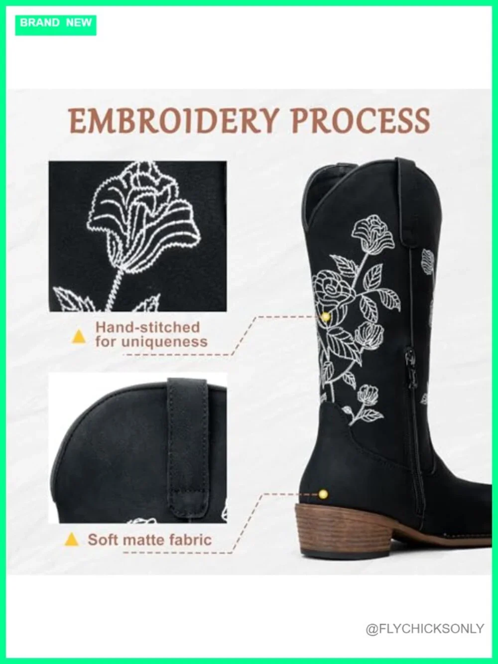 Mid Calf Western Cowboy Boots with Floral Embroidery Low Heel Side Zipper